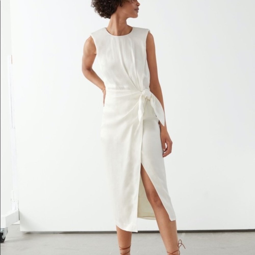 NWT & Other Stories Satin Side Knot Midi Dress In White